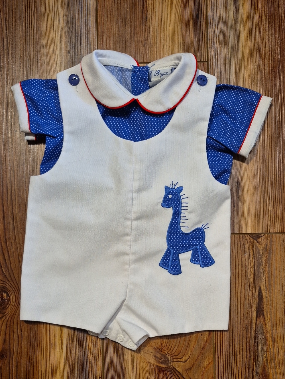 Vintage 80's Bryan White and Blue Polka Dot Baby Romper - Sz. 3-6 Mo.